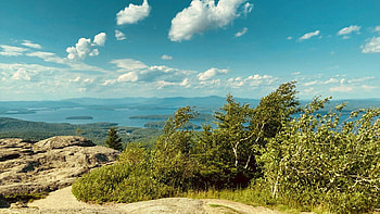 Lake Winnipesaukee in New Hampshire, hills, clouds, sky, water, islands, rocks, usa HD wallpaper