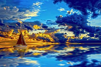 DRAMATIC SKY, SKY, CLOUDS, SAILING, REFLECTION, SUNSET, GOLD, SHIP, BLUE HD wallpaper
