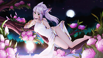 Catgirl, night, black, peony, lluuna, girl, pink, anime, moon, fantasy, light, flower, ears, luminos, manga, eventh7 HD wallpaper