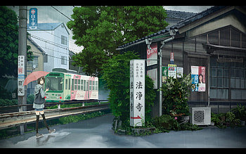 Anime Girl Walking In The Rain, brown eyes, umbrella, rain, train, , tree, thighhighs, scenic, short hair, brown hair, flowers, kusakabe original HD wallpaper