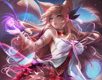 Ahri, blue, sakimichan, girl, fox, pink, fantasy, luminos, nine tails HD wallpaper