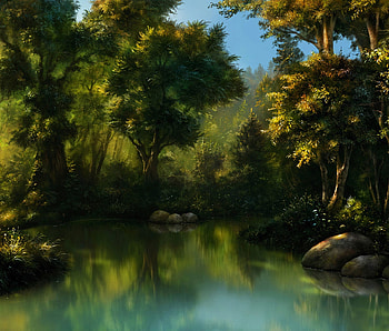 Art, Nature, Water, Trees, Forest, Pond HD wallpaper
