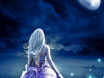Moonstruck, night, girl, fireflies, moon HD wallpaper