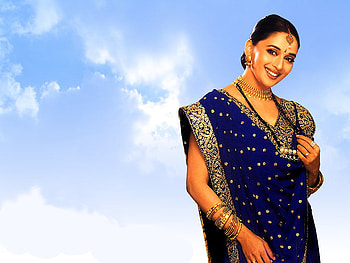 Madhuri in sari, lady, smile, hindi, clouds, bleu, madhuri, woman, sari HD wallpaper