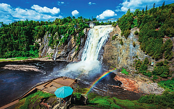 Montmorency Falls, Quebec, cliff, cascade, river, clouds, sky, rocks, stones HD wallpaper