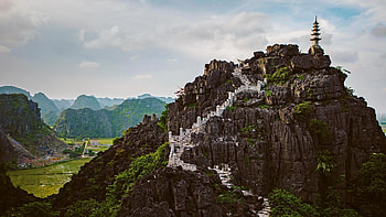 Rock mountains, Temple serenity, Ninh Binh caves, Captivating landscapes HD wallpaper