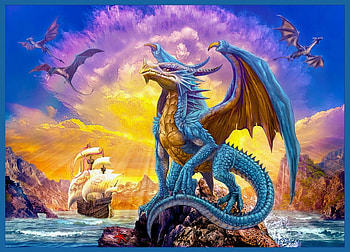 Dragons, river, ship, painting, clouds, sails, sky HD wallpaper