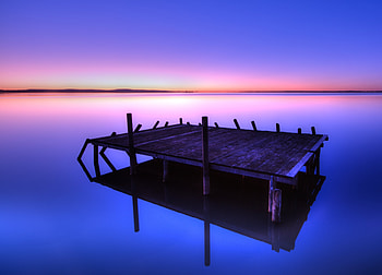 Lake, wooden dock, blue, sunset HD wallpaper