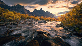 The Gates of Aureus - Tombstone Territorial Park, peaks, landscape, sky, rocks, canada, mountains, water, yukon, autumn, clouds HD wallpaper