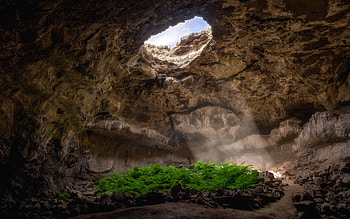 Cave, sunlight, sunbeams, grass, nature HD wallpaper