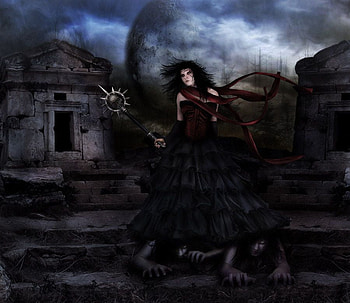 Black is my heart ..., night, gothic, black, goth, girl, dark, woman, darkness, ruins, clouds, sky, storm, female HD wallpaper