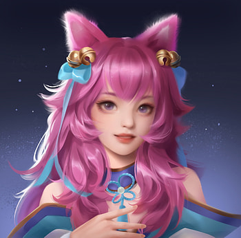 Ahri, blue, pink, fantasy, face, f719 y, girl, fox, cute HD wallpaper