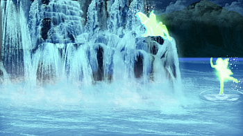 fairy playground, blue, glow, glitter, fogsplash, enchanting, mist, distance, waves, drop, bright, mountains, waterfalls, fantasy, ripples, yellow, pixie, clouds, sitting pixie, drip HD wallpaper