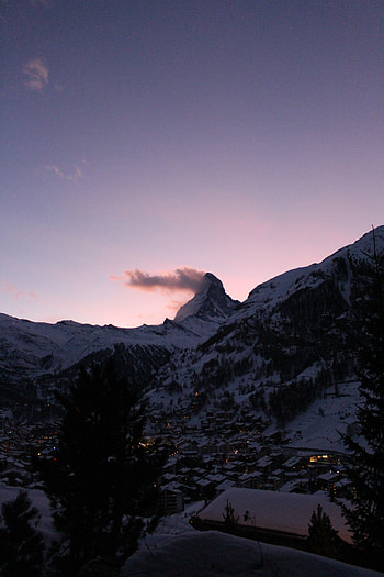 Nature, Mountains, Twilight, Snow, Building, Dusk, Valley HD phone wallpaper