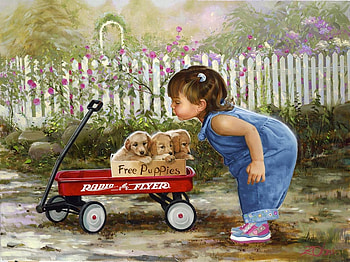 Just for Me, artwork, painting, fence, dogs, girl, cart HD wallpaper