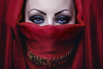 Scheherazade, blue, lady, red, eyes, veil, beautiful, queen, persian HD wallpaper