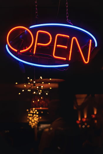 Glowing red and blue neon open sign in a dark atmosphere, perfect for nightlife or business ry. HD phone wallpaper