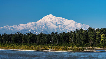 Mt. Denali from Talkeetna, Alaska, river, snow, landscape, trees, sky, forest, usa HD wallpaper