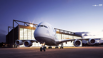 lufthansa a380, tarmac, plane, hanger, lights HD wallpaper
