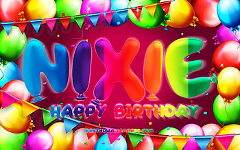 Happy Birtay Nixie, , colorful balloon frame, Nixie name, purple background, Nixie Happy Birtay, Nixie Birtay, popular german female names, Birtay concept, Nixie HD wallpaper