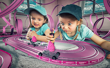 Car race, blue, children, car, girl, copil, pink, sister, couple, funny, child, hat HD wallpaper
