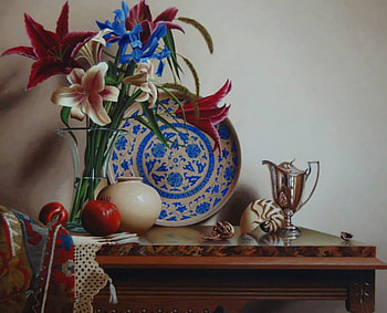 lilys, shell, table, plate, silver, fruit, flowers HD wallpaper