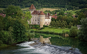 Castle in France, waterfall, France, castle, village, trees HD wallpaper