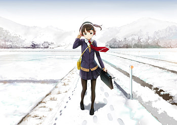 Walking To School, winter, anime, walking, snow, brown hair, girl, earmuffs HD wallpaper