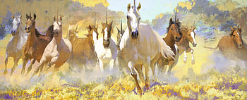 Unicorns, white, running, fantasy, art, josu solano, yellow, unicorn HD wallpaper