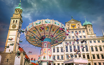 Carousel in Augsburg, Germany, church, Hermany, carousel, townhall HD wallpaper