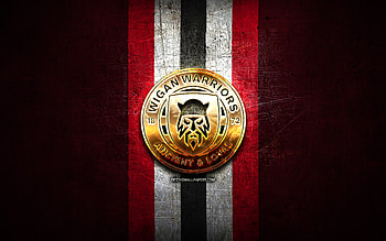 Wigan Warriors, golden logo, SLE, red metal background, english rugby club, Wigan Warriors logo, rugby HD wallpaper