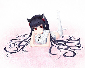 Neko Chan, nekomimi, cute, red eyes, long hair, , female, plain, sexy, neko mimi, hot, girl, black hair, anime girl, simple, neko, lying, anime, ears HD wallpaper