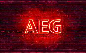 AEG red logo, , red brickwall, AEG logo, brands, AEG neon logo, AEG HD wallpaper