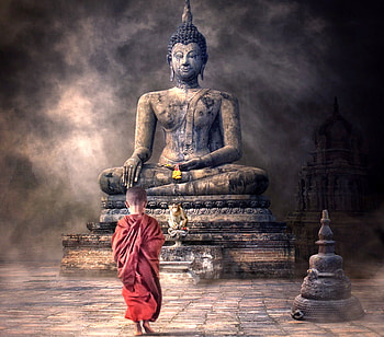 Buddah, grey, red robe, boy, temple, rock, statue HD wallpaper