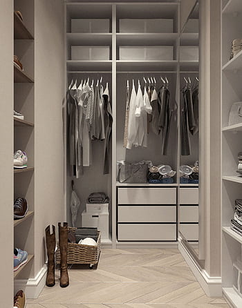 Stylish walk-in closet with neutral tones and contemporary design elements. HD phone wallpaper