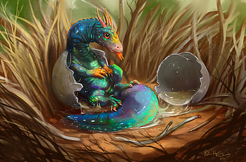 Baby dragon, brooklyn smith, fantasy, green, dragon, baby, nest, blue, egg, art, cute HD wallpaper