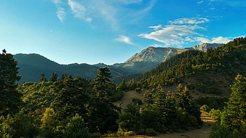 Looking the mountain, Acheloos Valley, Greece, trees, landscape, sky, mountain, clouds HD wallpaper