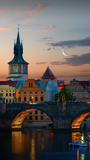 Moonlit towers, Charles Bridge's allure, Vltava River's beauty, Windows 10 spotlight HD phone wallpaper