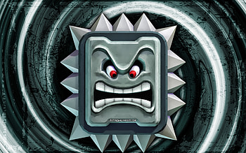 Thwomp, gray grunge background, vortex, Super Mario, cartoon monster, Super Mario characters, Super Mario Bros, Thwomp Super Mario HD wallpaper