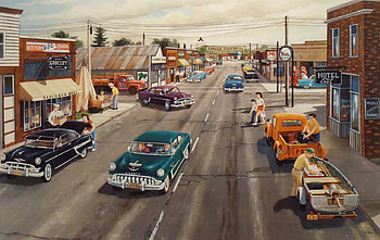 A Walk to The Grocers, fifties, town, cars, road, main street, shops HD wallpaper