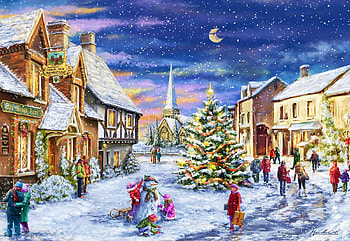 Christmas Village, artwork, painting, moon, snow, houses, people, christmas tree HD wallpaper