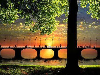 A bridge at sunrise, sinrise, morning, people, orange, tree, red, bridge, fire, sun HD wallpaper