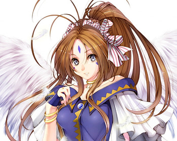 Belldandy, nice, feather, 3d, wing, cg, drable, happy, adorable, female, sweet, blue eyes, smile, oh my goddess, ribbon, gorgeous, girl, adore, kawaii, anime girl, anime, pretty, brown hair, lovely, realistic, sublime, cute, angel, goddess, dress, long hair, beauty, wings, divine, beautiful, ah my goddess, my goddess, gown HD wallpaper