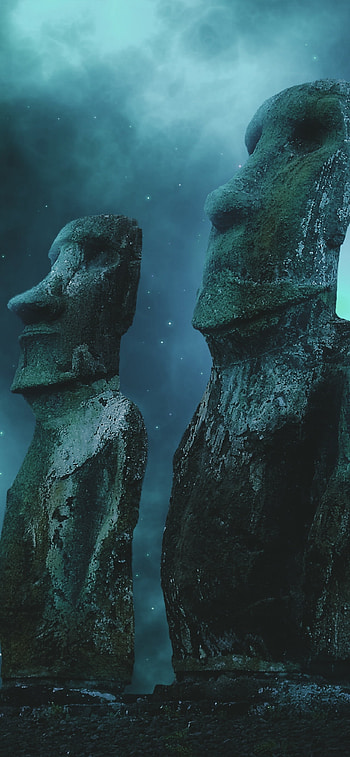 Easter Island, Moai statues under moonlight, Celestial beauty, Night sky spectacle HD phone wallpaper