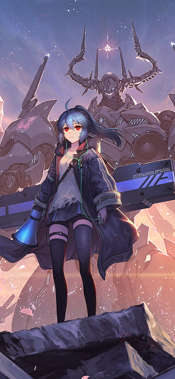 Crimson Gaze: Blue-Haired Mecha Anime Girl, mecha, red eyes, blue hair, Anime, girl, anime girl HD phone wallpaper