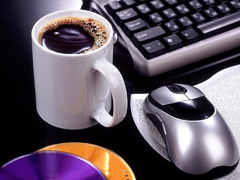 Coffee and Work, Mouse, Coffee, Laptop, Disc HD wallpaper