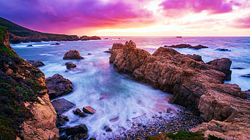 Sunset at Painters Point, Garrapata State Park in California, rocks, coast, sea, clouds, colors, sky, usa HD wallpaper
