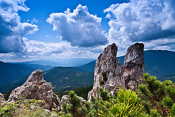 Nature, Trees, Sky, Mountains, Bush, Rocks HD wallpaper