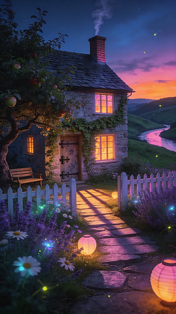 Enchanted Twilight Cottage — , house, cottage, lantern, garden, river HD phone wallpaper