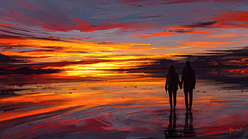 Couple at sunset, Beach, Couple, Sunset, Art HD wallpaper